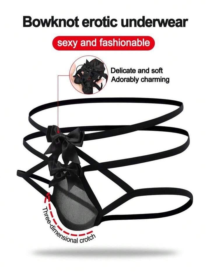 Energetic Black Bow Tie Alluring Mysterious Black Hollow Mesh Men's Lingerie